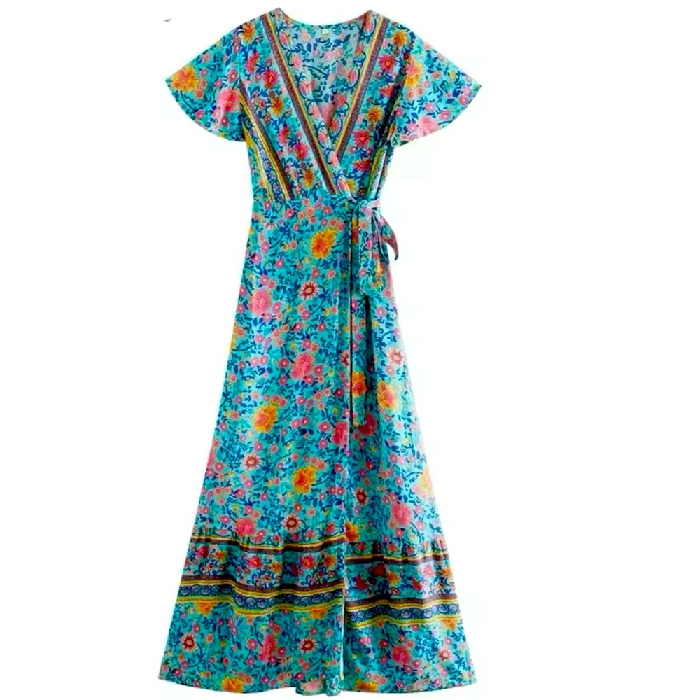 Boho, Floral Print, Summer, Spring Green, Blue, yellow Rockabilly, Cowgirl Dress - Picture 2 of 9